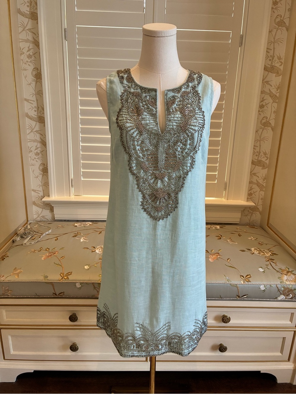 Bella Tu Beaded Turquoise Blue Sleeveless Tunic Dress